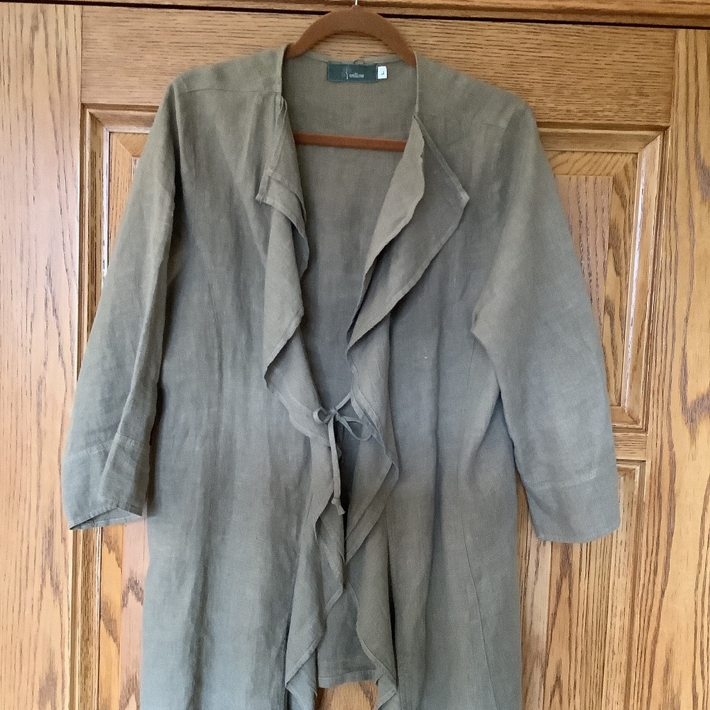 Taupe Linen Jacket with Cascading Collar and Front Ties